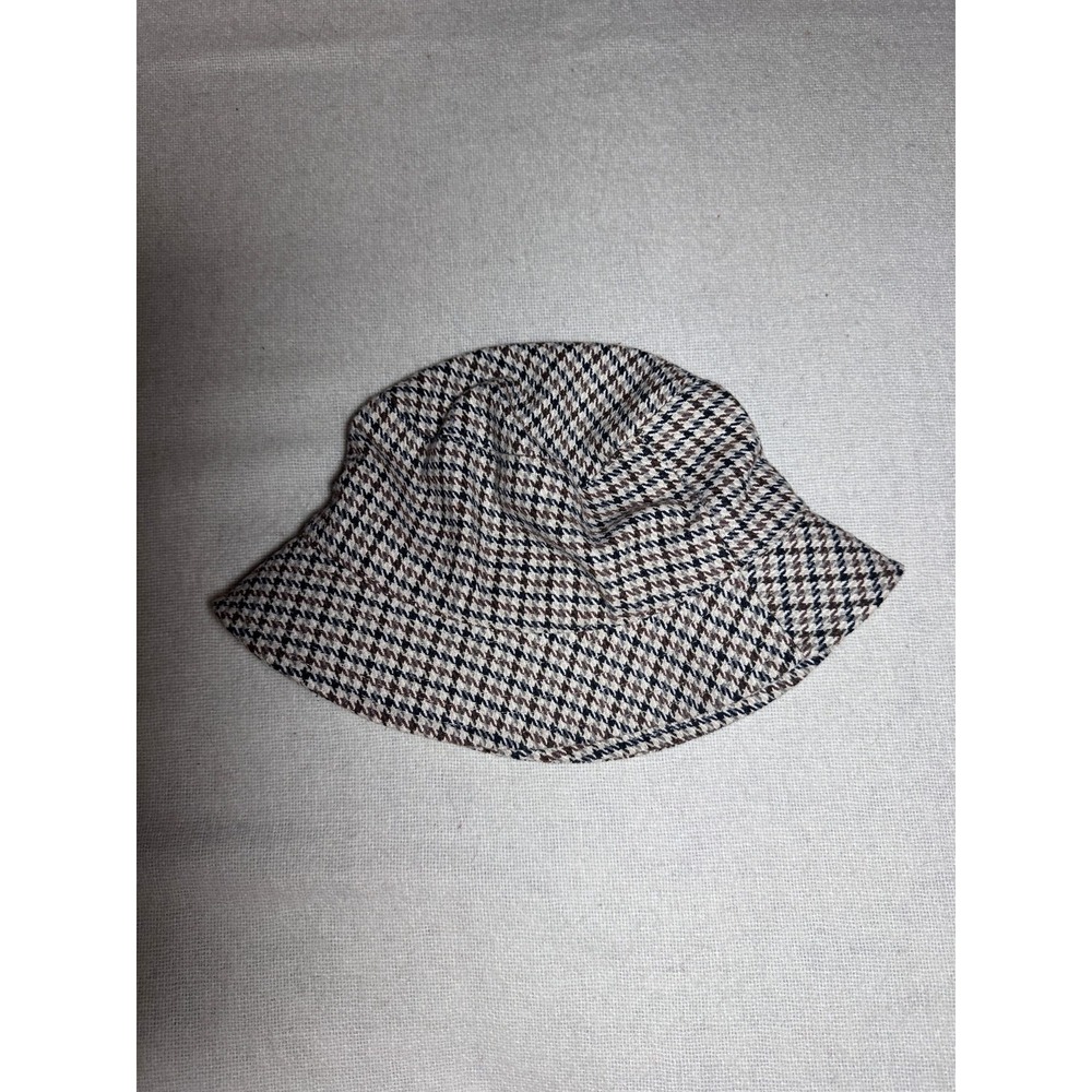 Steve Madden Houndstooth Bucket Hat Brown Tan Plaid Logo Plate Womens One Size